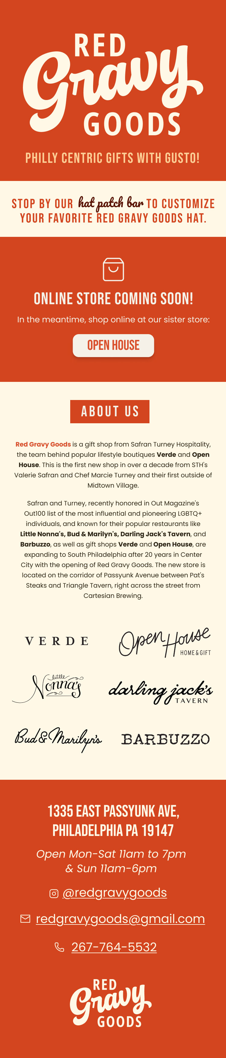 Red Gravy Goods holding page with logo, coming soon message, about text, and footer contact information.