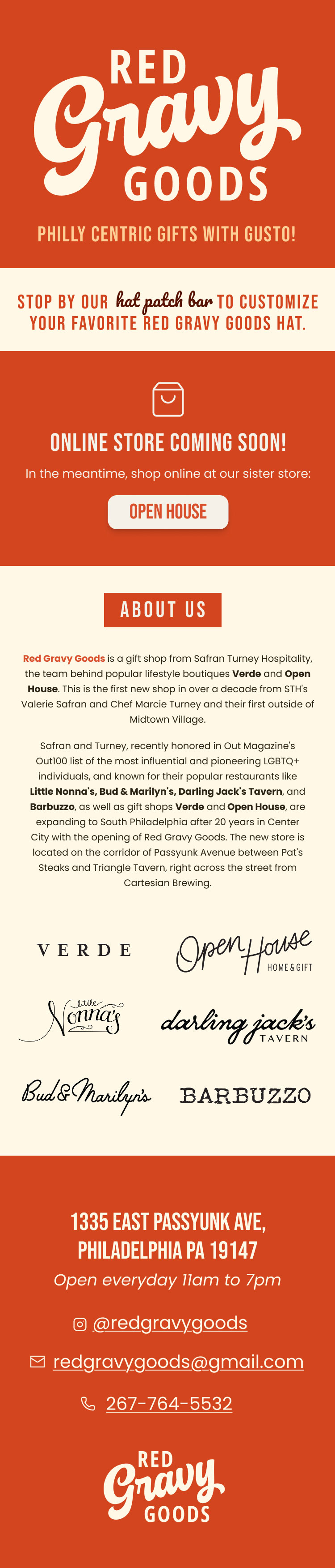 Red Gravy Goods holding page with logo, coming soon message, about text, and footer contact information.